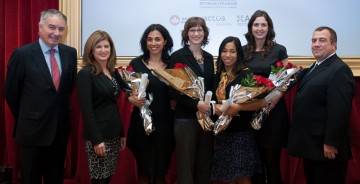 Left to right: Mr. Philippe Zeller, Ambassador of France to Canada, Honourable Rona Ambrose, Minister of Public Works and Government Services and Minister for Status of Women, Ms. Célia Jeronimo and Ms. Jennifer E. Bruin, recipients of the Research Excellence Fellowships, Ms. Emily Choy and Ms. Grace Murphy, recipients of the Canadian National Mentoring Fellowships, Mr. Javier San Juan, President and CEO, L'Oréal Canada. (CNW Group/L'Oréal Canada)