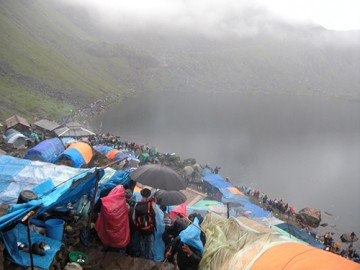 Nepalese pilgrims arrive at Gosainkunda, 4,380 metres above sea level.