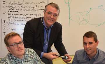 Dr. John Falconer demonstrates the Littman electronic stethoscope to second-year medical students Kurt Hoskin and Matt Mittelstadt. Using Bluetooth technology, students at UBC’s Okanagan campus can ‘hear’ the heartbeat of a patient in places like Trail.