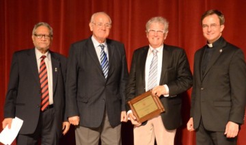 Pictured left to right: Dr. Naranjan Dhalla, Lifetime President, International Academy of Cardiovascular Sciences (IACS); Dr. Bohuslav Ostadal, President, IACS; Dr. Bruce McManus; Father Daniel Hendrikson, President, Creighton University.