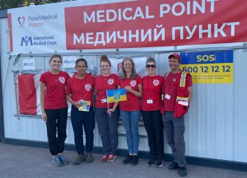 UBC's Dr. Hubert Chao (second from left) and Dr. Luba Butska (third from right) with the Canadian Medical Assistance Team in May 2022. The team was deployed to provide volunteer medical care in northwestern Ukraine, where thousands of people were displaced following the Russian invasion.