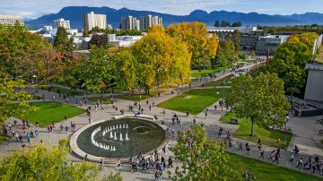 An aerial image of people walking among trees and near a fountain on UBC Vancouver campus.