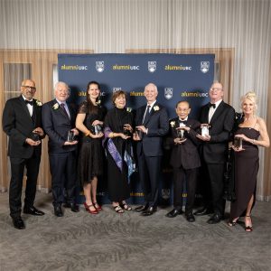 The 2023 alumni UBC Achievement Awards honour members of the Faculty of Medicine and wider UBC community. From left to right: Parmjit Bains, Dr. David Brand, Dr. Laura Yvonne Bulk, Judith Fairholm, Lindsay Gordon, Dr. Chit Chan Gunn, Dr. Steven Narod and Dr. Linda Warren.