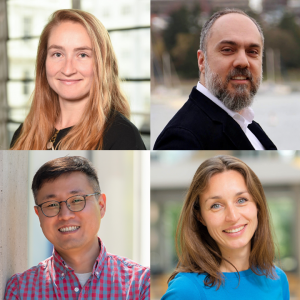 A square composite of four researchers from the UBC Faculty of Medicine. From top left to bottom right: Drs. Anna Blakney, Kamyar Keramatian, Yongjin Park and Carolina Tropini.
