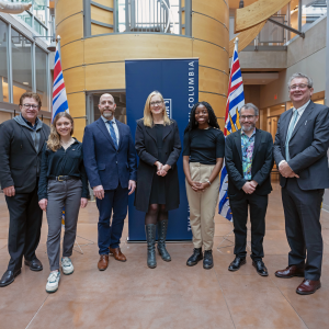 A group photo of seven individuals. (Left to right) UBC provost Dr. Gage Averill, UBC president Dr. Benoit-Antoine Bacon, data science student Sandra Starnberg, Minister Brenda Bailey, biomedical engineering student Coralie Tcheune, UBC Science dean Dr. Mark MacLachlan, and UBC Medicine dean and vice-president, health, Dr. Dermot Kelleher.
