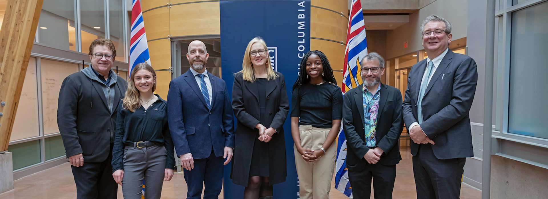 A group photo taken on April 12, as UBC celebrated the expansion of technology and life sciences program. From left to right: UBC Provost Dr. Gage Averill, UBC President Dr. Benoit-Antoine Bacon, data science student Sandra Starnberg, Minister Brenda Bailey, biomedical engineering student Coralie Tcheune, UBC Science Dean Dr. Mark MacLachlan, and UBC Medicine Dean and Vice-President, Health, Dr. Dermot Kelleher.