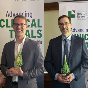 A composite of Dr. Robert Olson (left) and Dr. Bernie Eigl (right) honoured for excellence in clinical trials by Clinical Trials BC, part of Michael Smith Health Research BC.