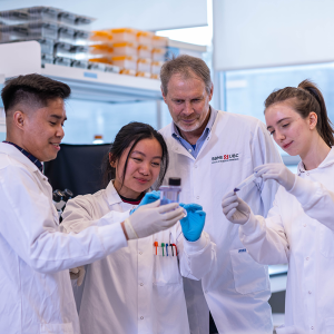 Dr. Peter Zandstra (third from left) with three trainees at the Zandstra Laboratory, School of Biomedical Engineering.