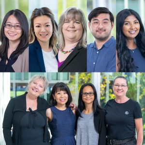 A composite photo of the nine UBC Faculty of Medicine staff members honoured with 2024 UBC President's Award. Top left to right: Hsiu-Ju Chang, Michelle Wong, Carmen de Hoog, David Tsukada and Shawna Narayan. Bottom left to right: Joanne Wouterse, Jennifer Xenakis, Jenny Tai and Juliana Li.